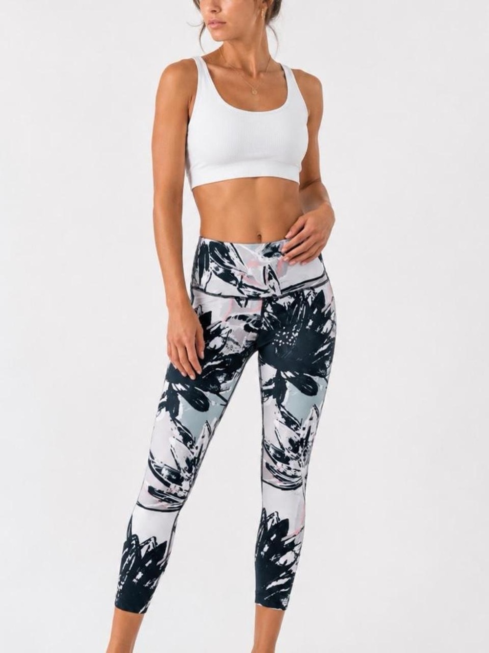 Apana 7/8 Leggings Tropical floral Print Navy Blue Turquoise Pink Print XS